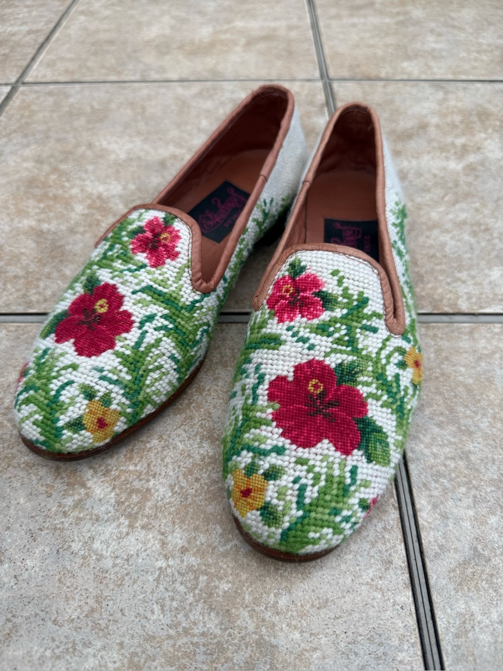 ByPaige floral needlepoint loafers with hand-stitched blooms and leather trim.